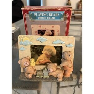Vintage "Playing Bears" Photo Frame w/ Box - Sun, Clouds, Train, Duck 5x4"